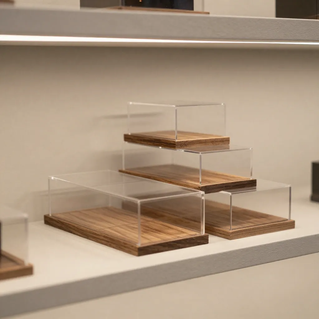 Display case showcase with glass panels and soft lighting
