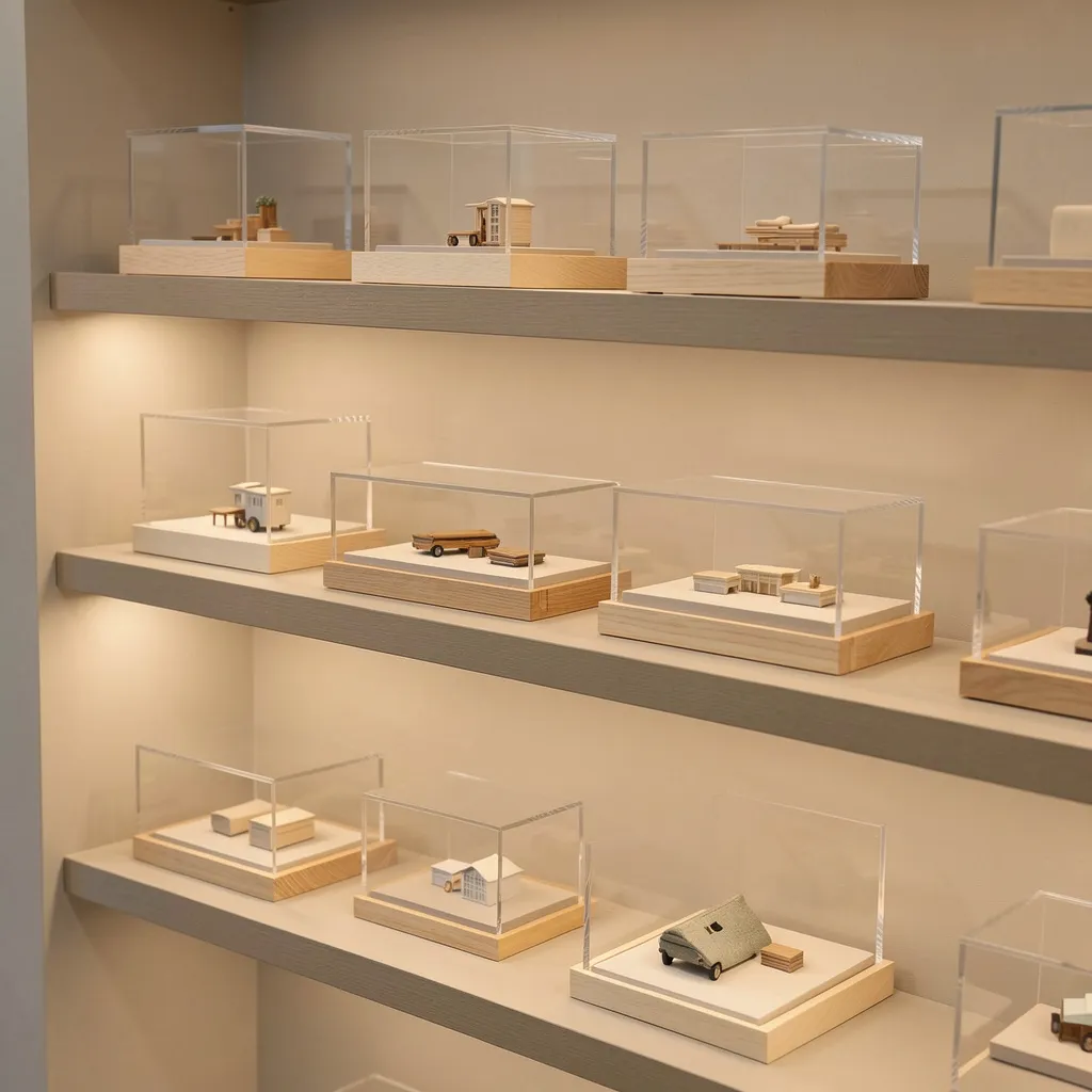 Close-up of miniature model inside glass case